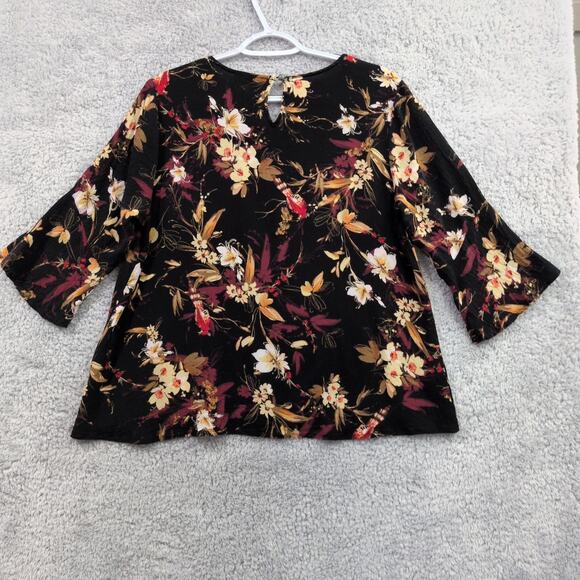 J Jill Top Women's Large Petite LP Black Floral 3/4 Bell Sleeve V Neck Peasant - Picture 8 of 13